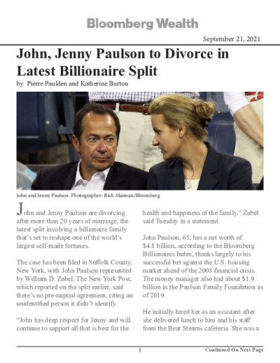 John, Jenny Paulson to Divorce in Latest Billionaire Split