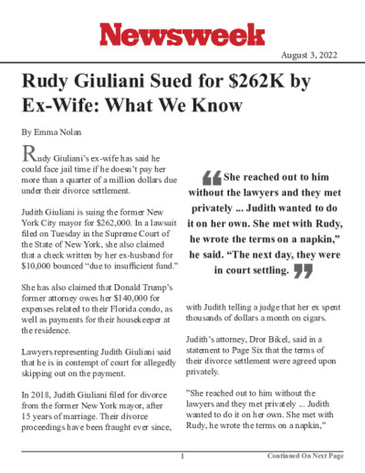 Rudy Giuliani Sued for $262K by Ex-Wife: What We Know