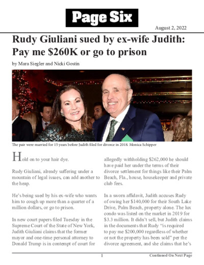 Rudy Giuliani sued by ex-wife Judith: Pay me $260K or go to prison
